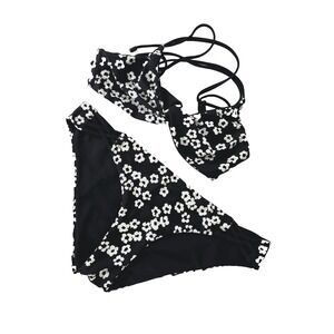 Black White Floral Bikini Medium Flower Boho Elevated Essential Cowgirl Mid-Rise